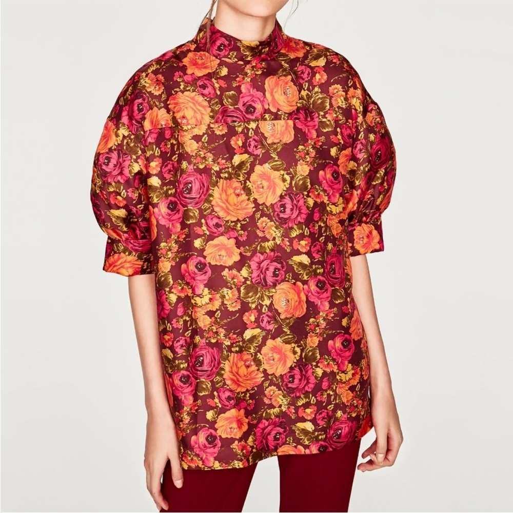 ZARA Studio 100% Silk Red, Pink, and Orange Floral Puff Sleeve Blouse. Size S